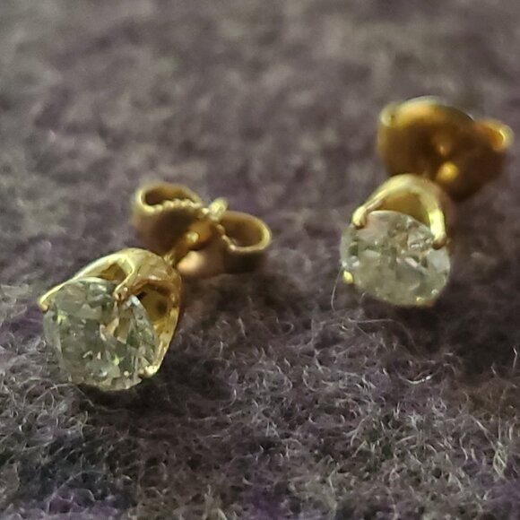 Diamond Stud Earrings Pair, 14K Yellow Gold, 1/2 Carat Each - Picture 1 of 4